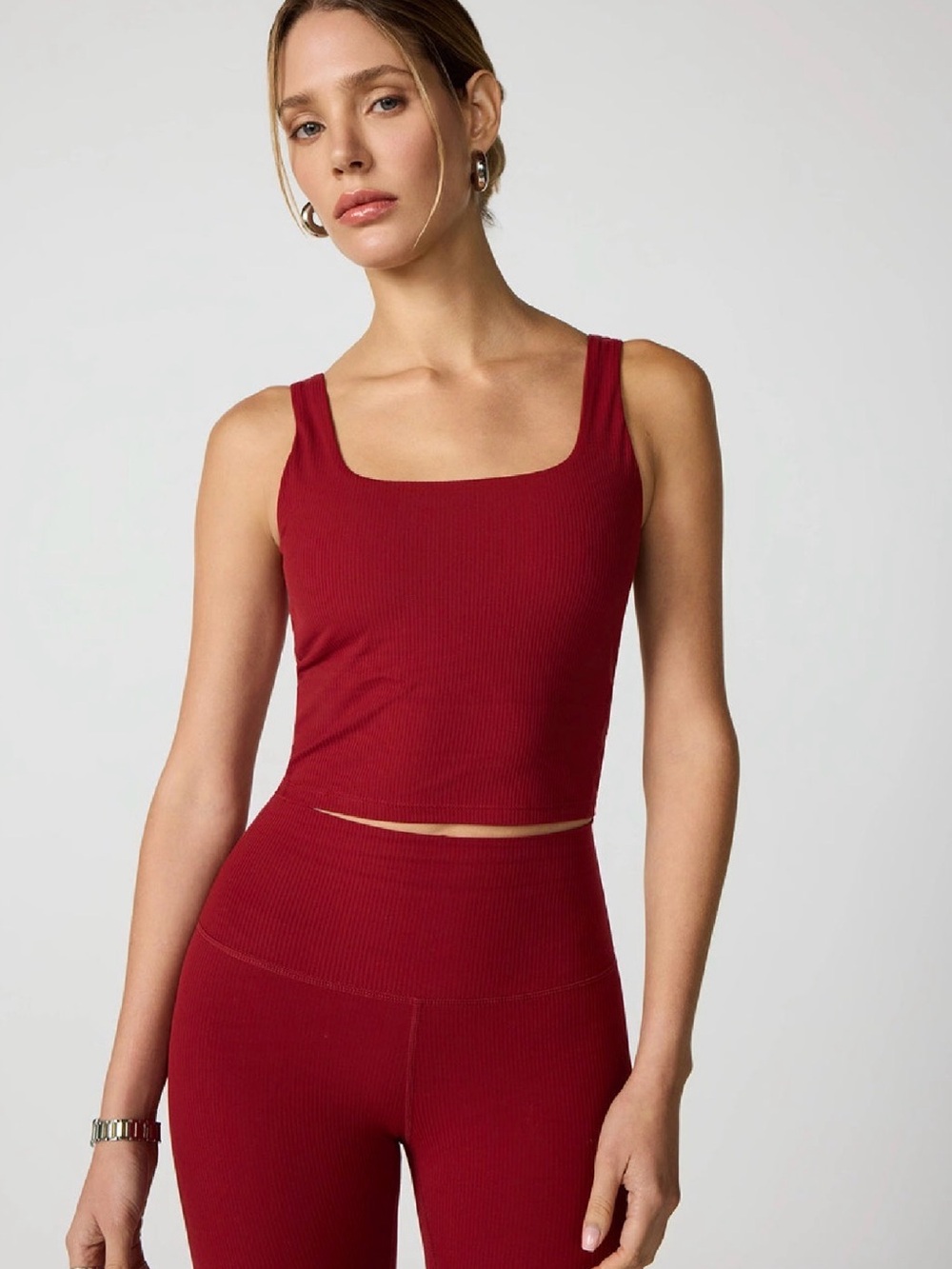 MPG Ribbed Square-Neck Cropped Tank in Burgundy
